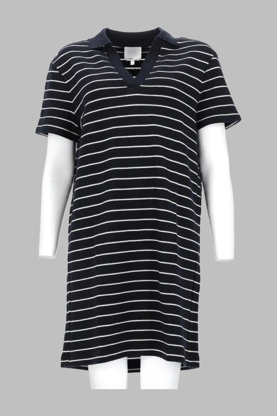 A.P.C women’s abito polo righe blue black and white striped short-sleeved polo dress with v-neckline