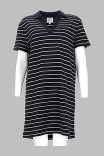 A.P.C women’s abito polo righe blue black and white striped short-sleeved polo dress with v-neckline