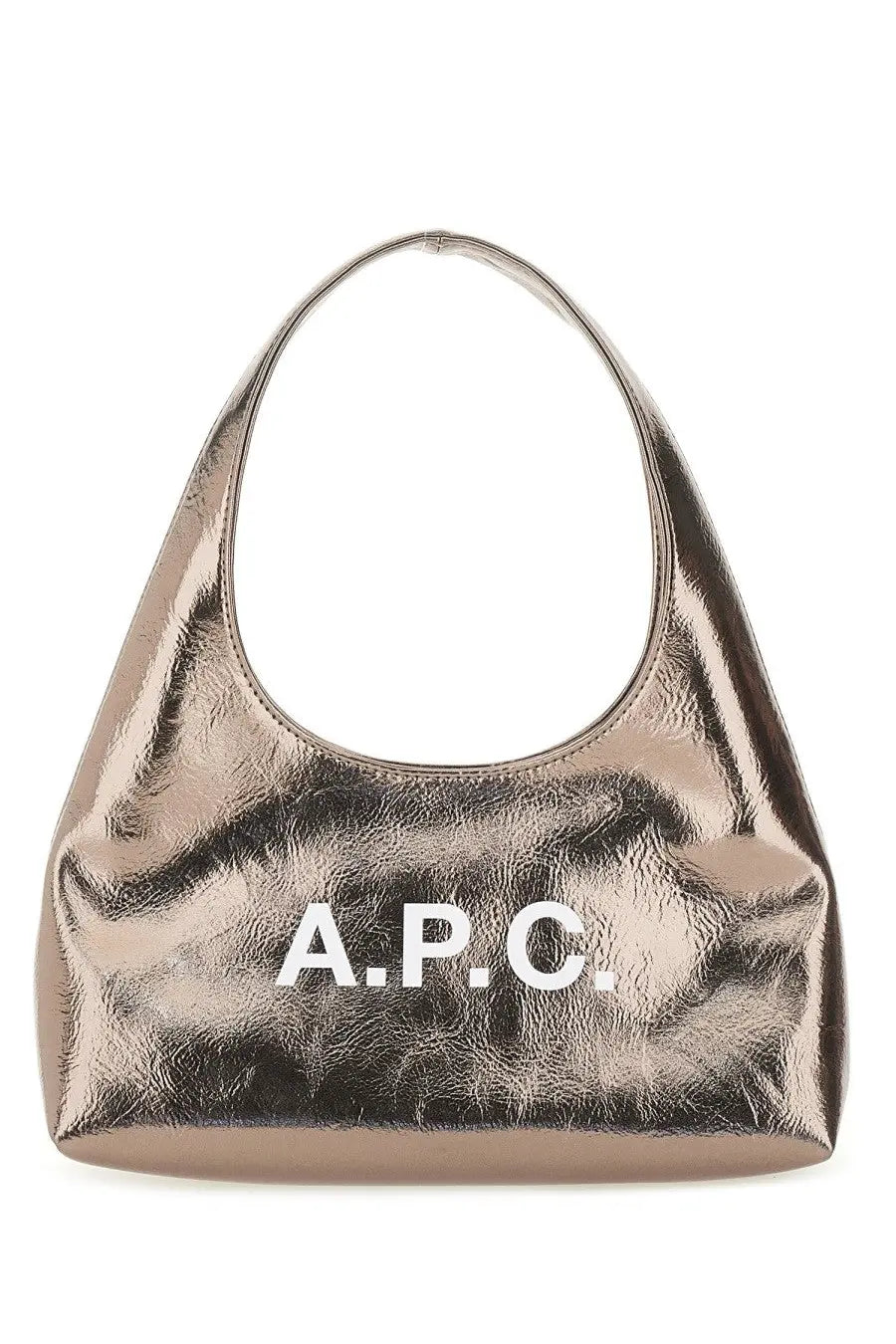 A sleek metallic rose gold a.p.c. baby ninon bag made of silver leather for women