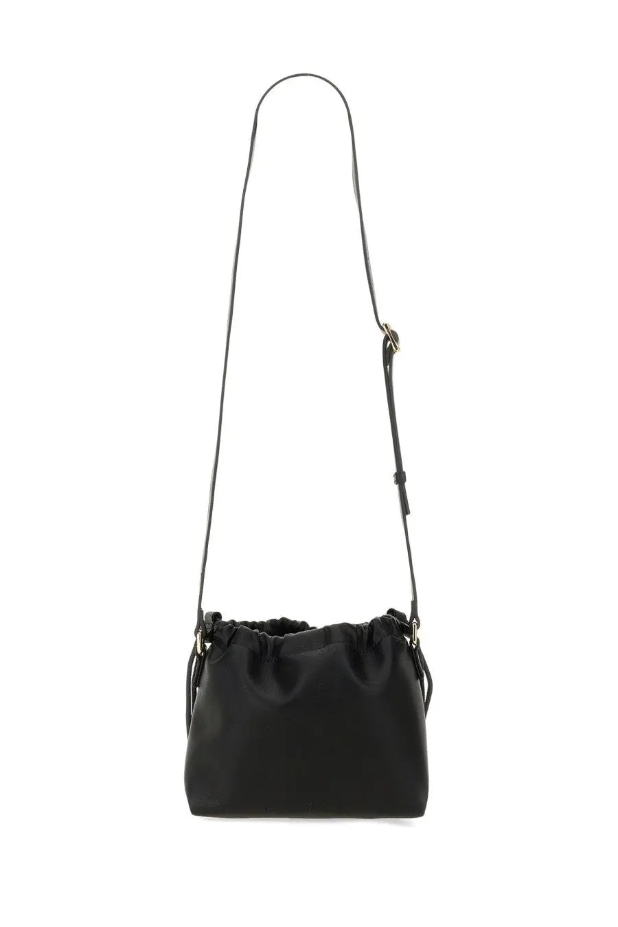 A.P.C women’s black satin drawstring crossbody bag with a slender leather strap called Ninon Mini