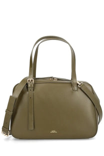 A.P.C womens olive green leather satchel with top handles and detachable shoulder strap for versatile use