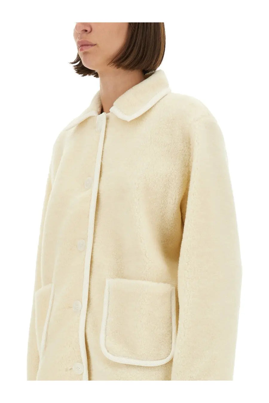 A.P.C women’s blouson jacket Estelle white cream-colored shearling coat with soft plush texture and white trim details