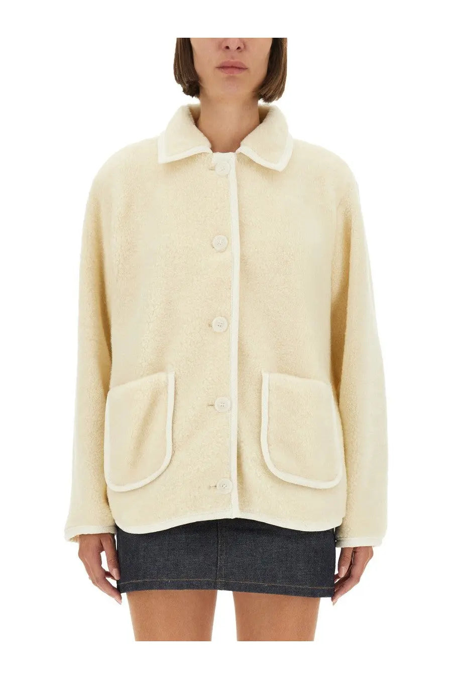 A.P.C women’s blouson jacket Estelle white cream-colored plush faux fur coat with soft collar and button closures