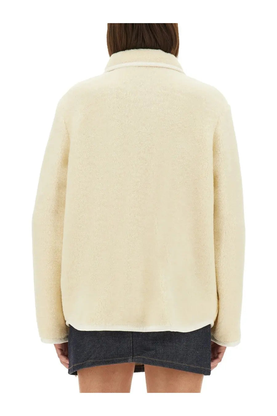 A.P.C women’s blouson jacket Estelle white cream-colored plush faux fur jacket with soft cozy texture and classic collar