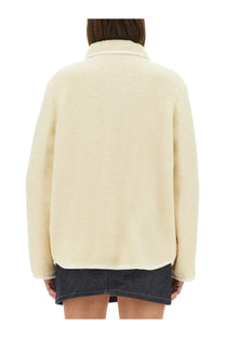A.P.C women’s blouson jacket Estelle white cream-colored plush faux fur jacket with soft cozy texture and classic collar