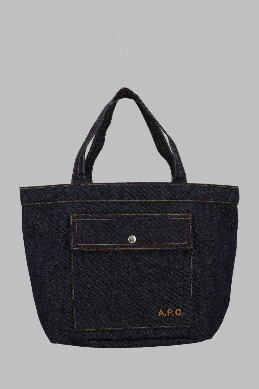 Dark denim a.p.c womens borsa tote jade blue with contrasting stitching and front pocket secured by silver button