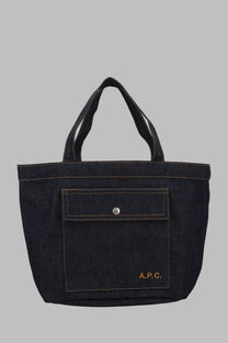 Dark denim a.p.c womens borsa tote jade blue with contrasting stitching and front pocket secured by silver button