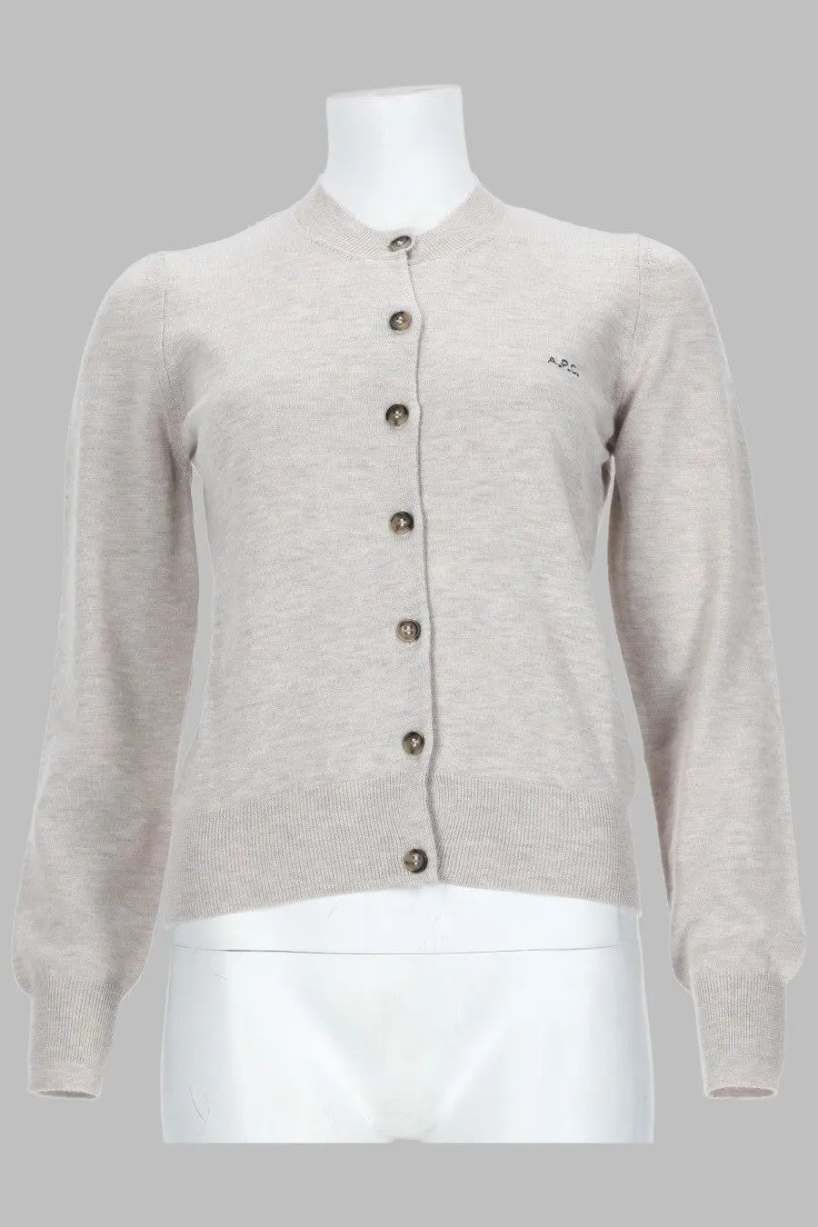 A.P.C women’s cardigan in lana grey light beige fine knit with subtle heathered texture and dark metallic buttons