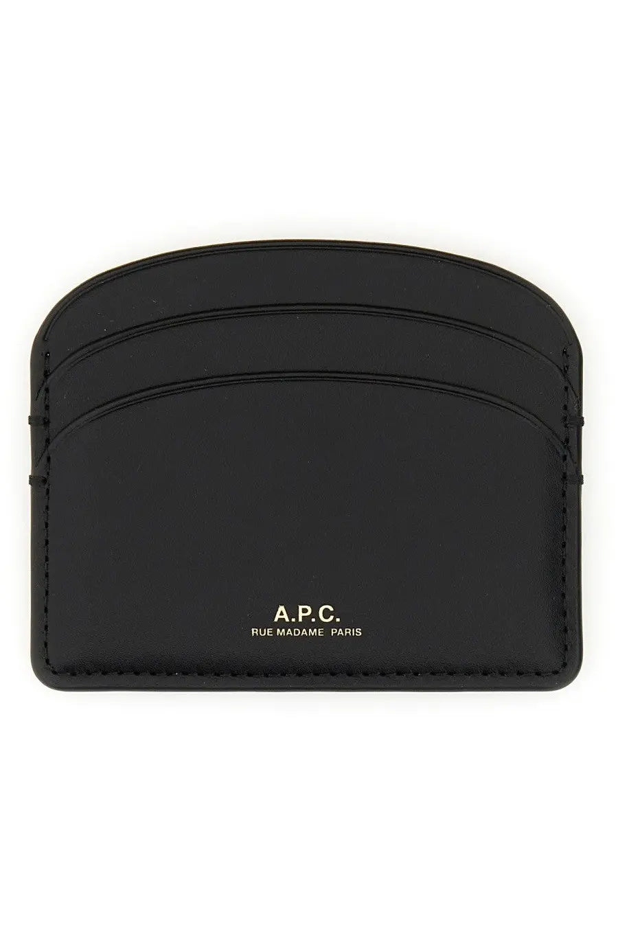 Black leather a.p.c women’s demi lune card holder showing the front with minimalist design and compact size