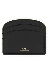 Black leather a.p.c women’s demi lune card holder showing the front with minimalist design and compact size