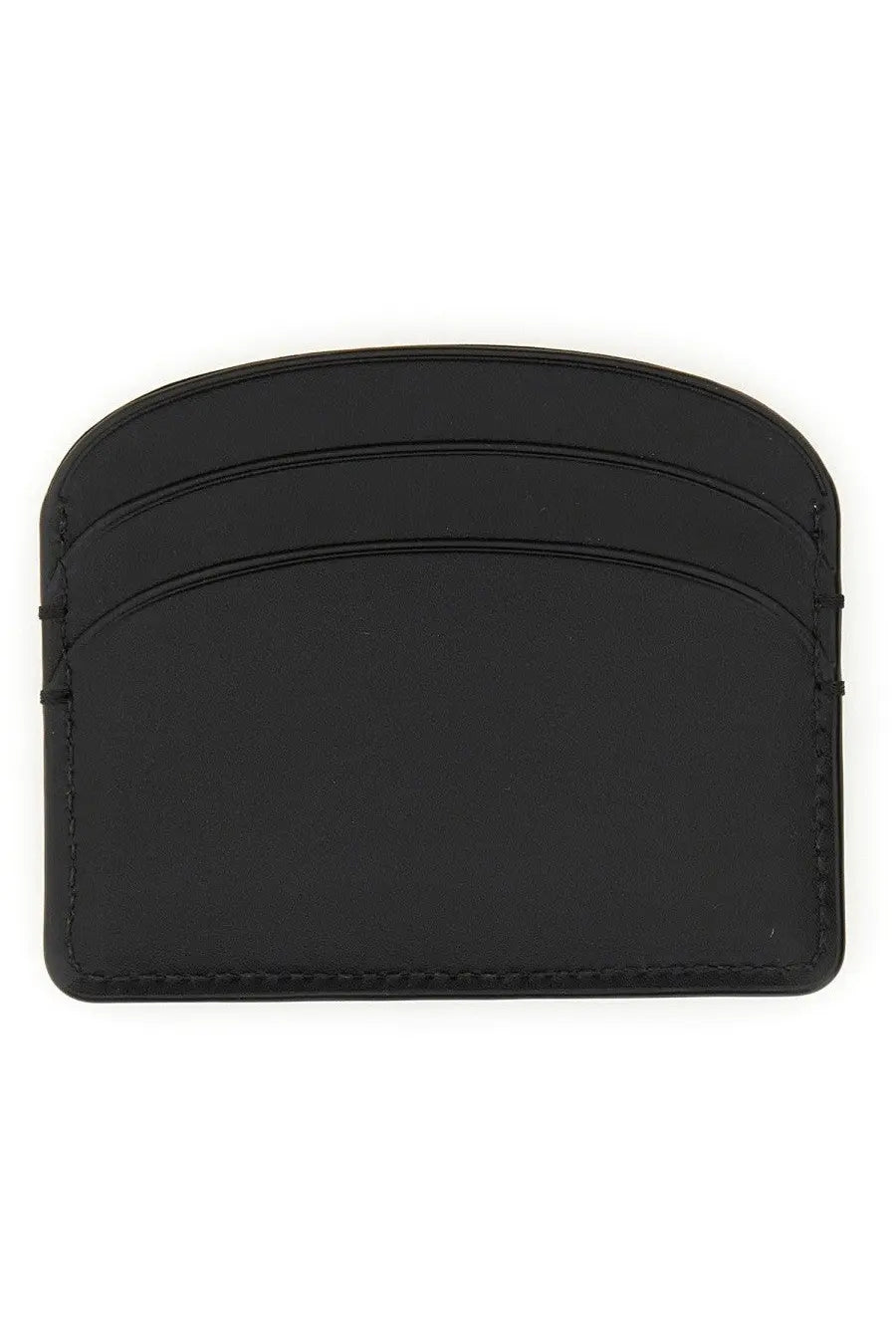 A black leather a.p.c women’s demi lune card holder with stitched edges and three horizontal slots for cards
