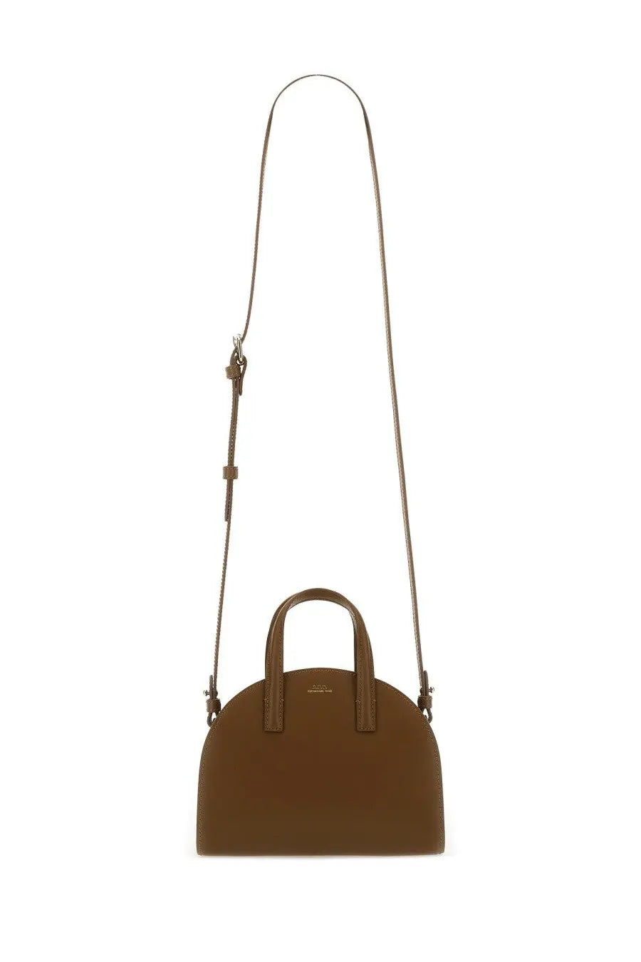 A.p.c women’s demi lune tote bag small brown made of sleek minimalist brown leather with curved top and dual handles
