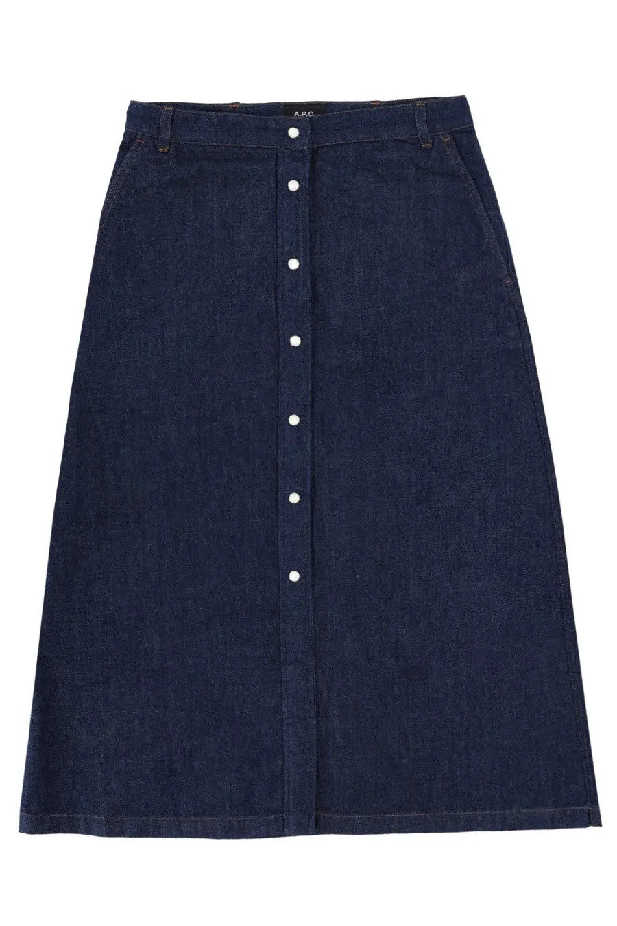 A.P.C women’s dark blue denim skirt with central button closure and subtle stitching details
