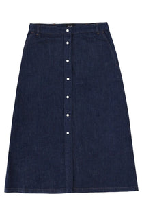 A.P.C women’s dark blue denim skirt with central button closure and subtle stitching details