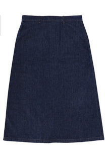 A.P.C women’s dark indigo denim skirt with a straight cut and visible stitching along the hem
