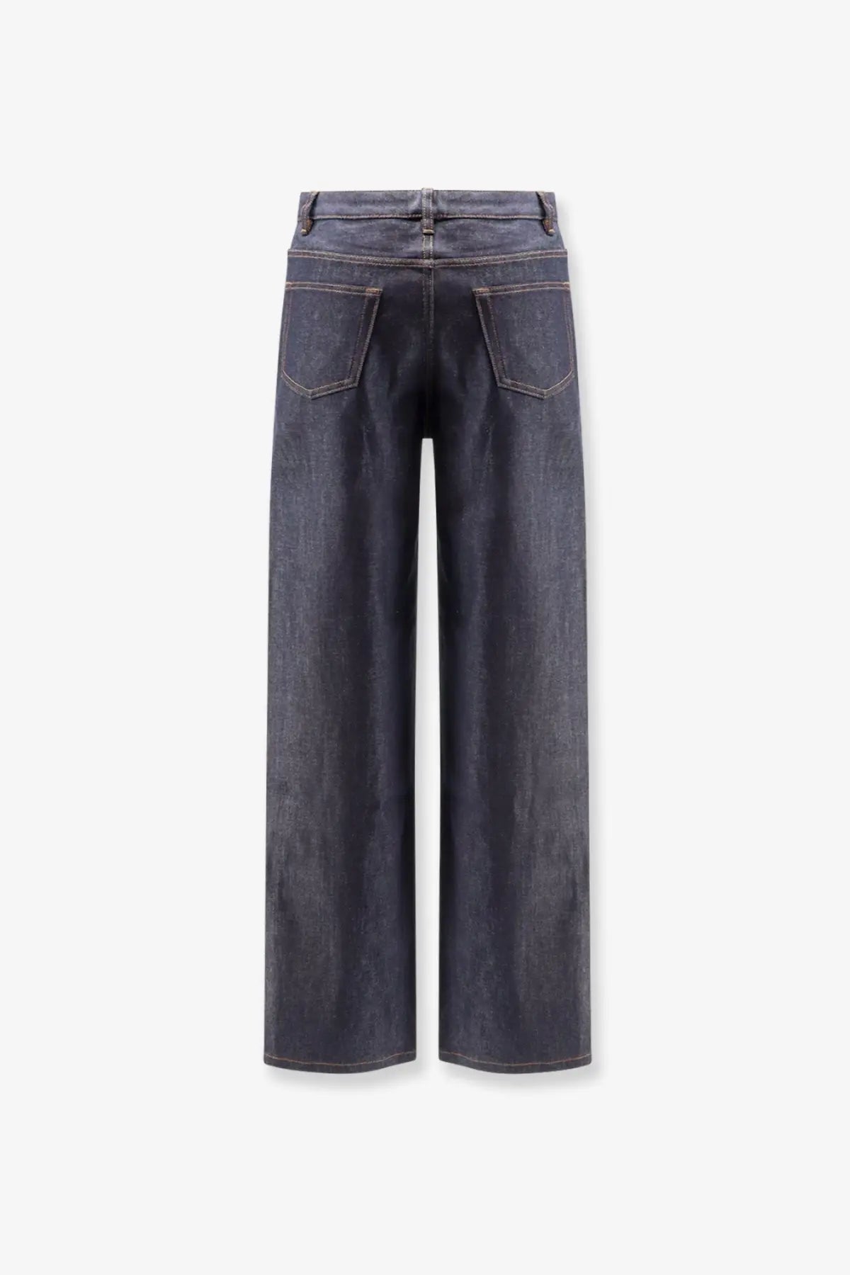 Dark indigo denim wide-leg high waist trousers with classic back pockets shown from the back apc women’s elisabeth jeans blue