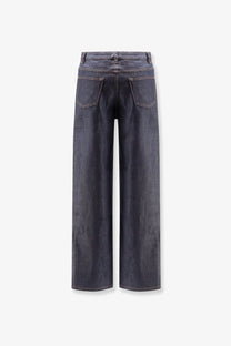 Dark indigo denim wide-leg high waist trousers with classic back pockets shown from the back apc women’s elisabeth jeans blue
