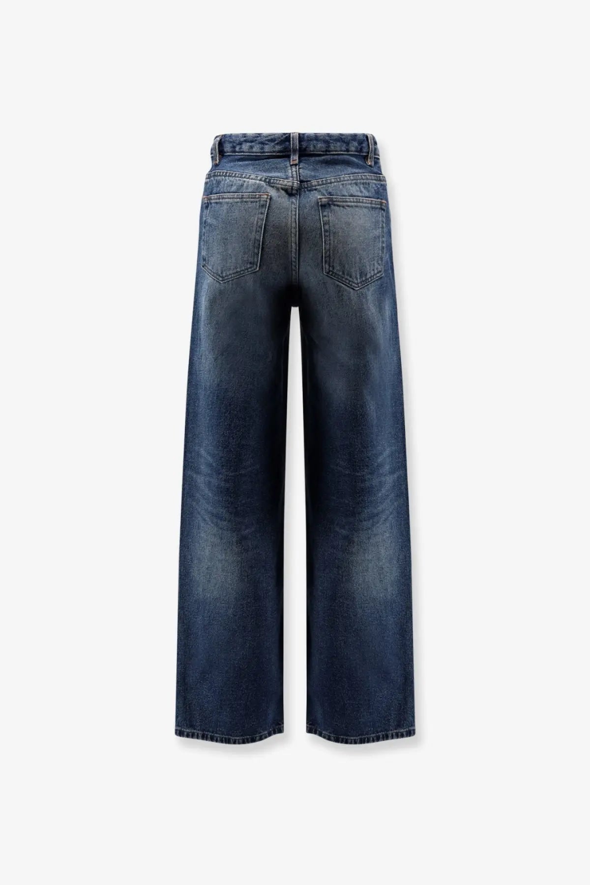 Back side of a.p.c women’s elisabeth dark-wash denim jeans with wide-leg cut and classic back pockets in blue