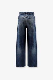 Back side of a.p.c women’s elisabeth dark-wash denim jeans with wide-leg cut and classic back pockets in blue