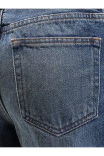 A.p.c women’s elisabeth jeans blue showing back pocket with contrasting brown stitching and diagonal weave texture