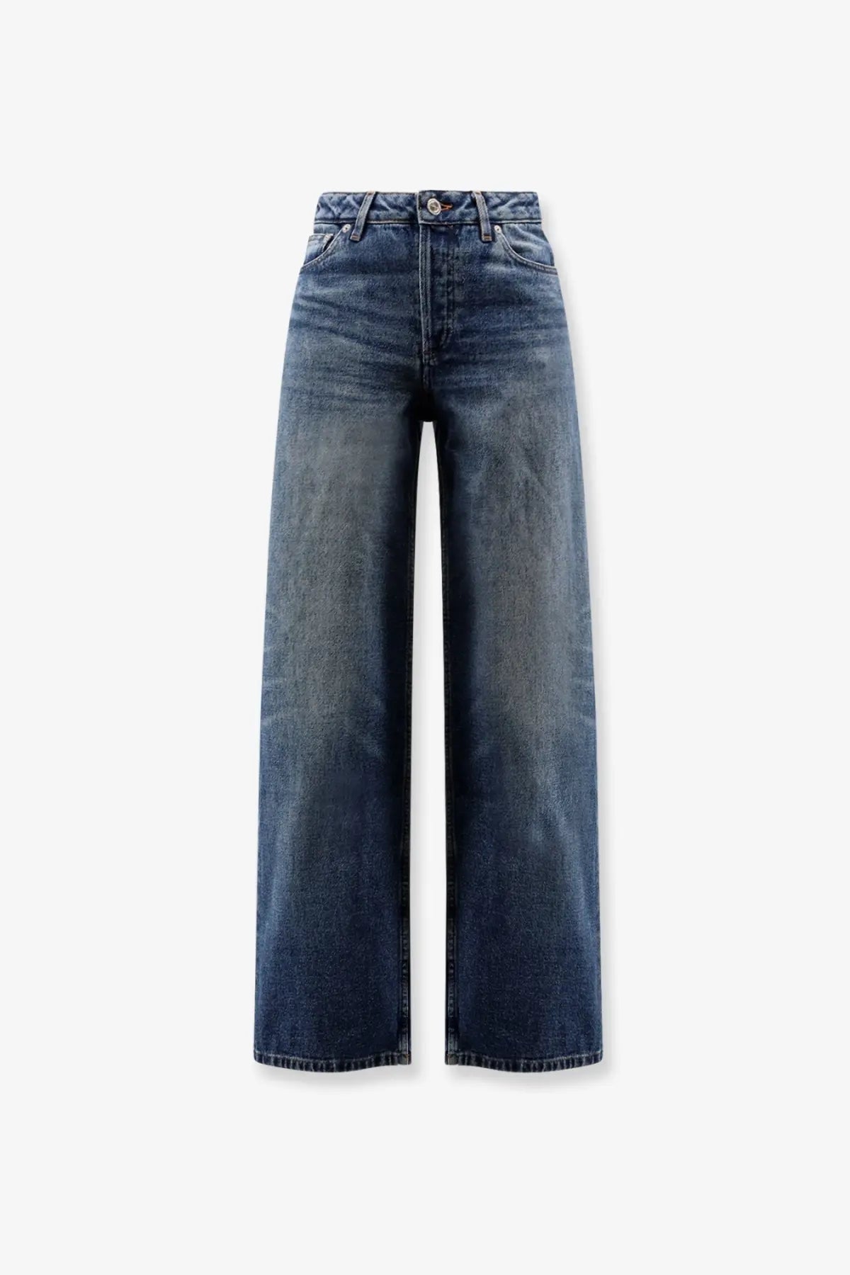 A.P.C women’s Elisabeth high-waisted wide-leg denim jeans in medium blue with subtle fading and stitching details