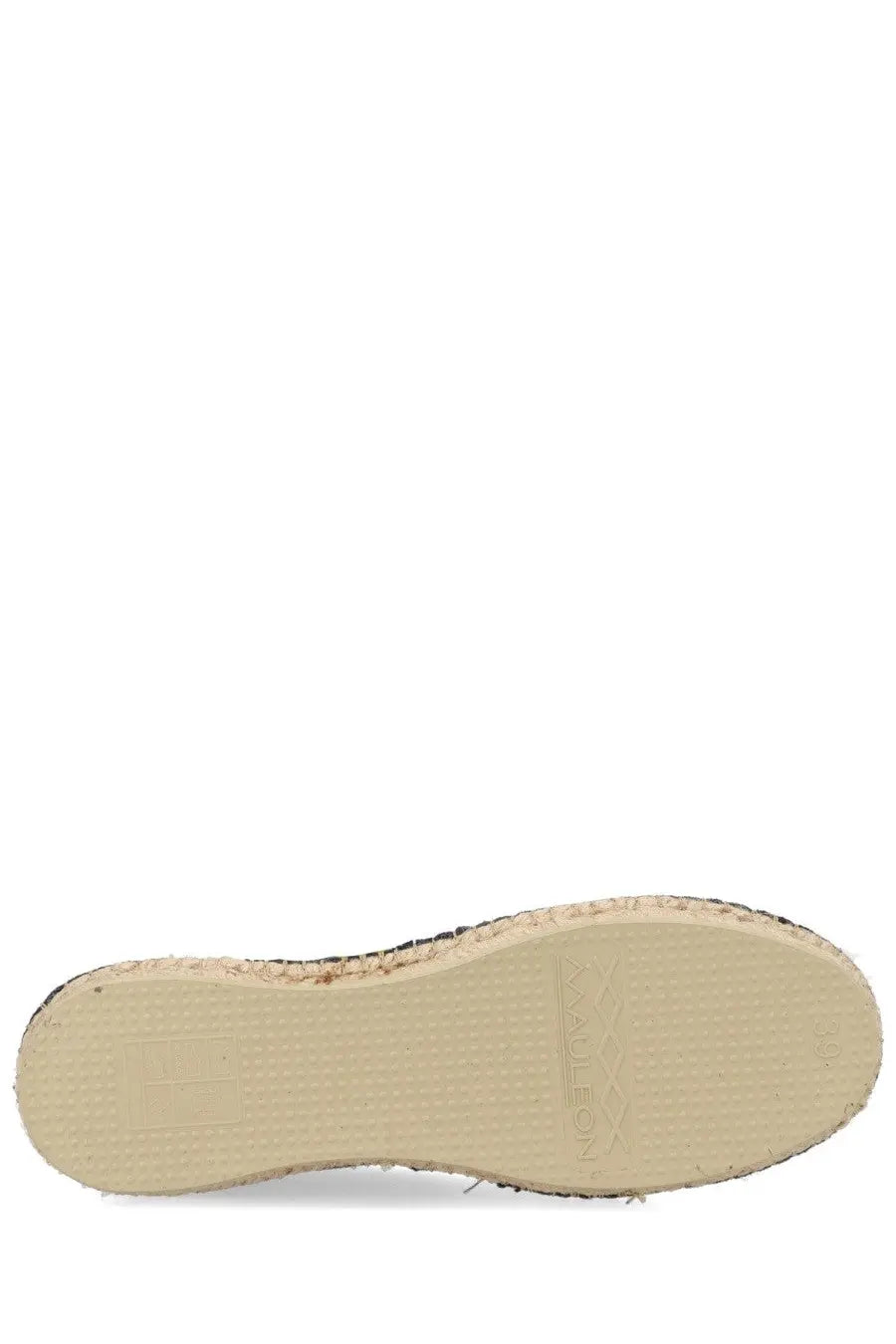 Beige sole of a.p.c women’s espadrilla in tela blue with woven jute edge and embossed madeleon branding visible