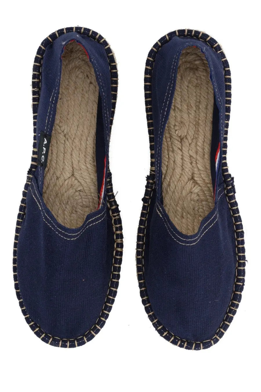 A.p.c women’s espadrilla navy blue canvas shoes with braided jute soles and white stitching