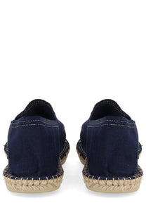 Navy blue canvas a.p.c women’s espadrilla with woven jute sole and contrasting white stitching