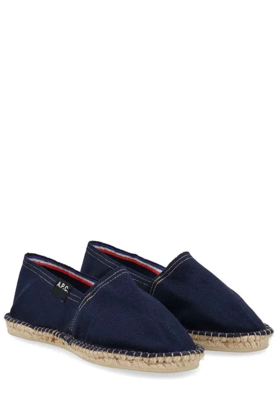 A.P.C women’s espadrilla navy blue canvas espadrilles with woven jute sole and red white and blue collar trim