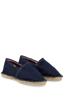 A.P.C women’s espadrilla navy blue canvas espadrilles with woven jute sole and red white and blue collar trim