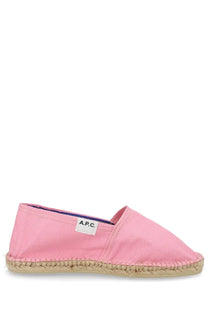 A.P.C women’s espadrilla in tela blue featuring pink canvas with woven jute sole and navy lining