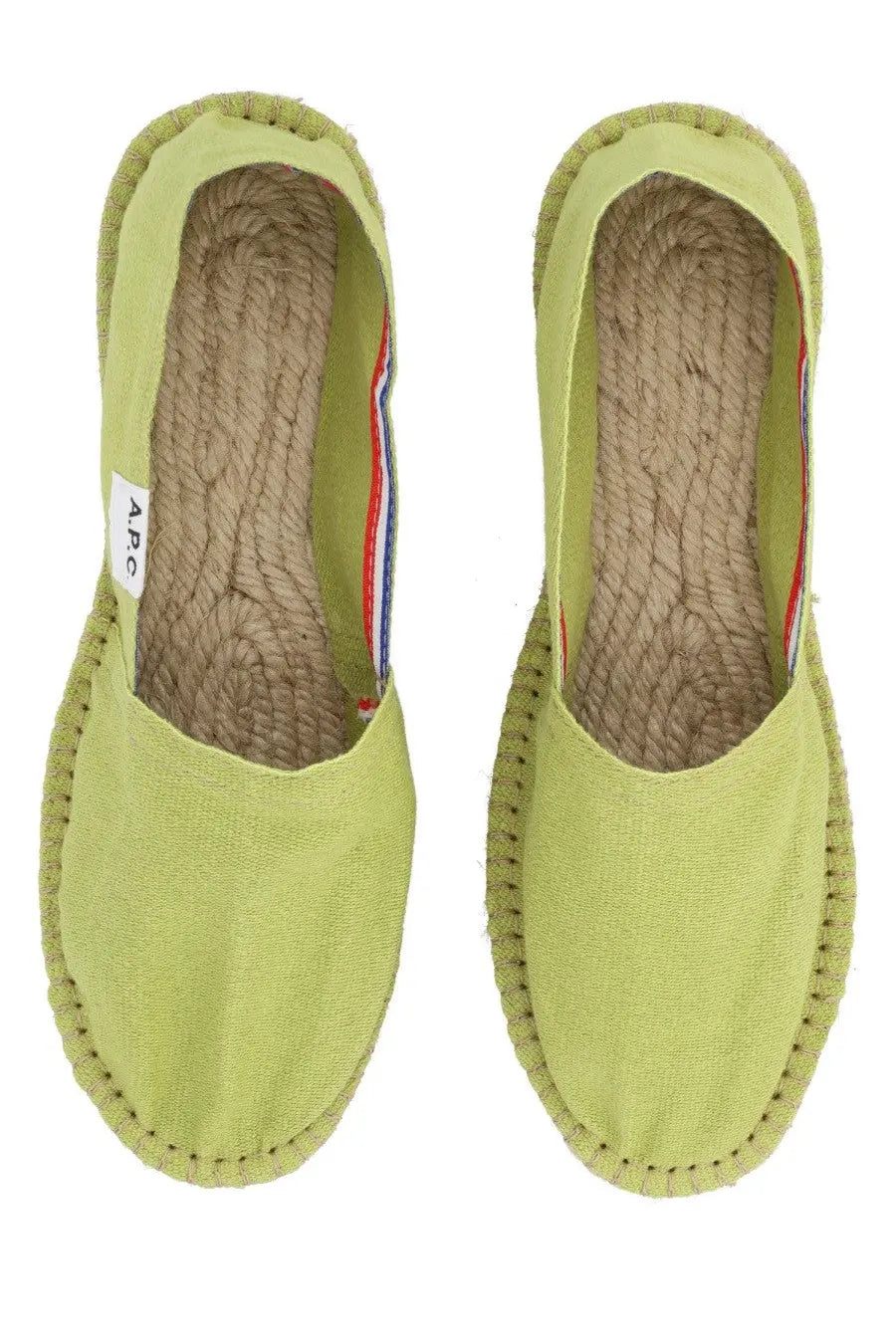 A.P.C women’s espadrilla in tela green light green canvas with braided jute sole and red white blue striped trim