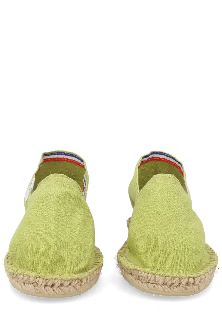 A.P.C women’s espadrilla in tela green lime green canvas espadrilles with braided jute sole and red white blue trim