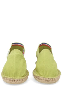 A.P.C women’s espadrilla in tela green lime green canvas espadrilles with braided jute sole and red white blue trim