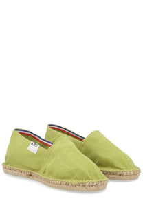A.P.C women’s espadrilla in tela green lime canvas with woven jute sole and red white and blue striped lining