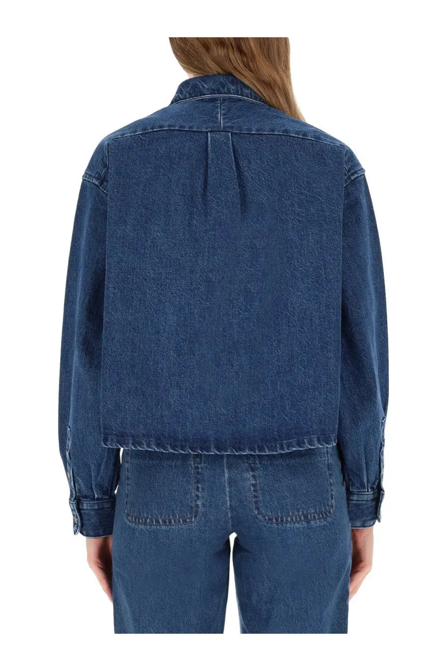 A.P.C women’s dark blue denim jacket shirt Samantha with relaxed fit and frayed hem