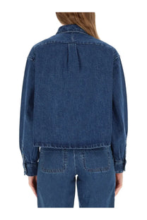 A.P.C women’s dark blue denim jacket shirt Samantha with relaxed fit and frayed hem