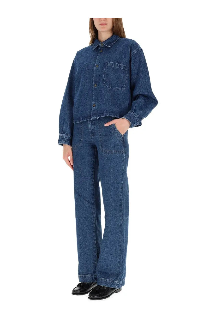 A.p.c women’s jacket shirt samantha blue is a navy blue denim jumpsuit with a button-up shirt top and wide-leg pants