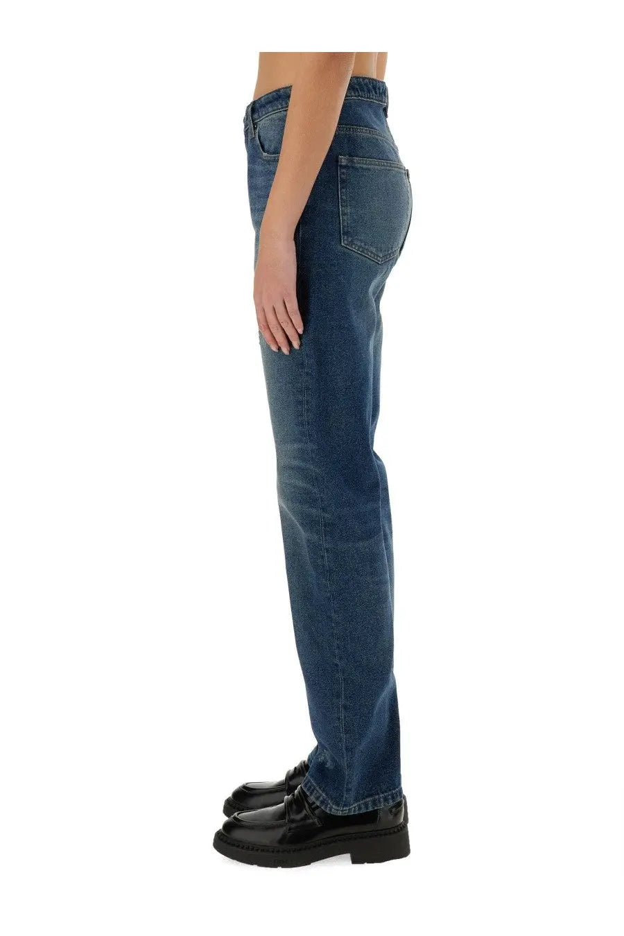 A.P.C women’s high-waisted straight-leg denim jeans in medium blue wash with classic stitching and rear pockets back view