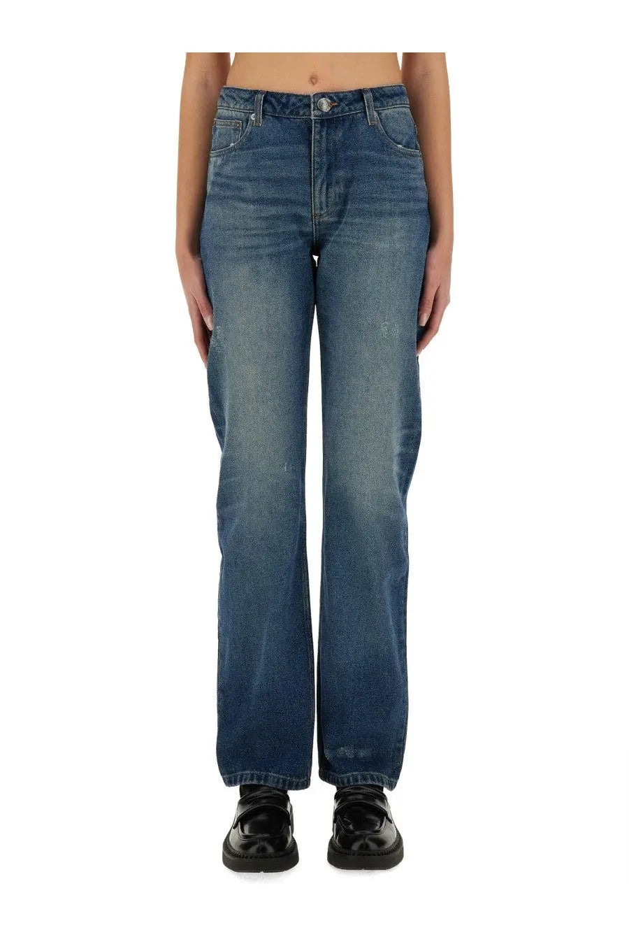 A.P.C women’s mid-wash blue denim jeans with straight-leg cut and subtle fading in Kylie Blue color