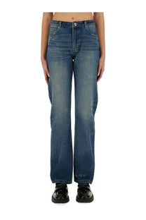 A.P.C women’s mid-wash blue denim jeans with straight-leg cut and subtle fading in Kylie Blue color