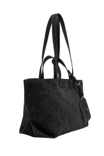 A.P.C women’s LE drummer bag black suede tote with long handles and small matching pouch attached by buckle