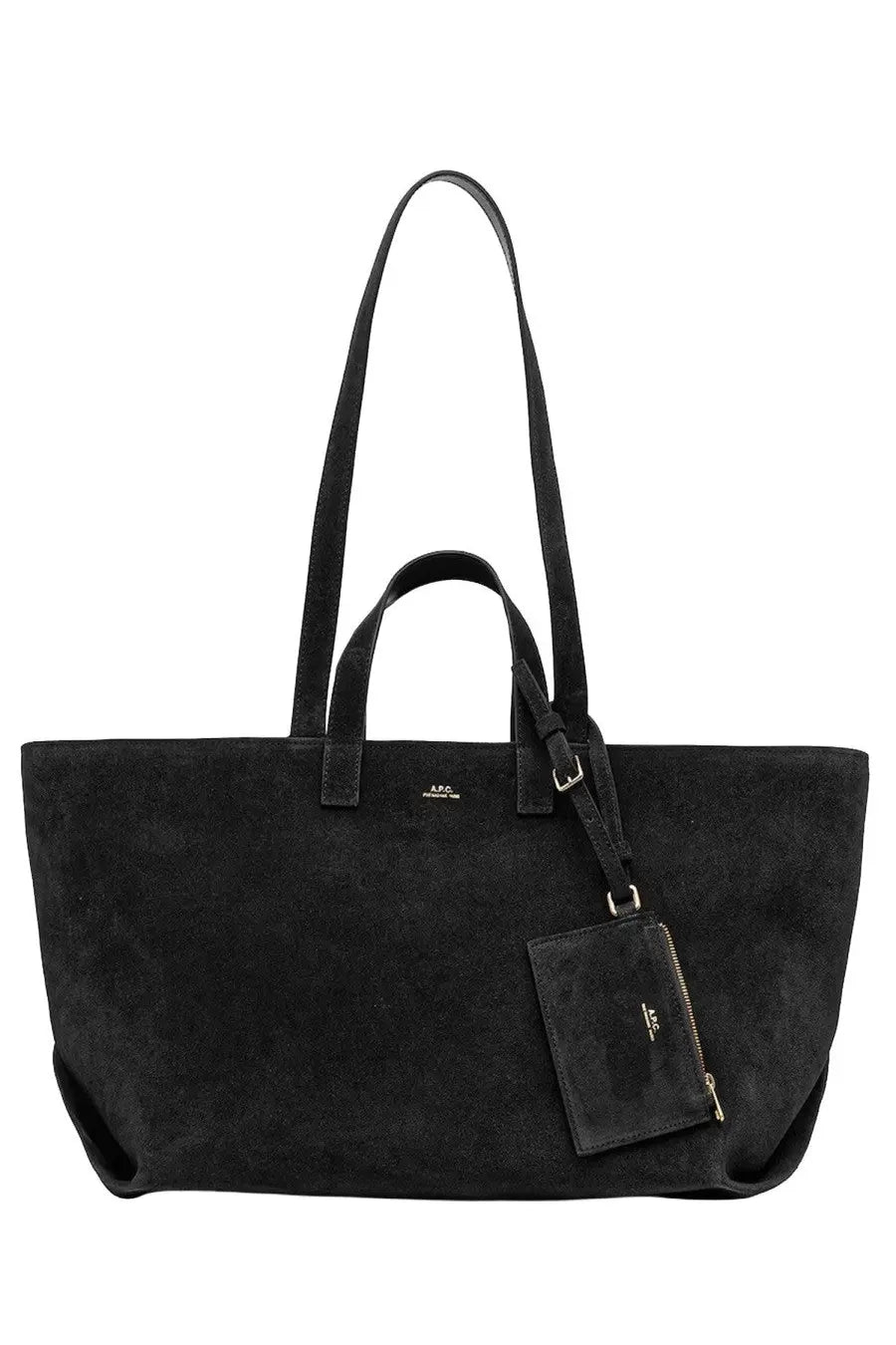 A.P.C women’s LE drummer black suede tote bag with matching small zippered pouch attached by strap