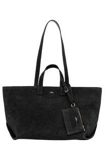 A.P.C women’s LE drummer black suede tote bag with matching small zippered pouch attached by strap