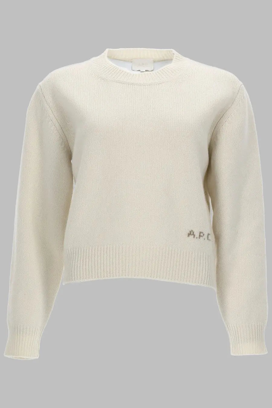 Cream-colored ribbed knit sweater by A.P.C. featuring a subtle logo and soft maglia anna con white material