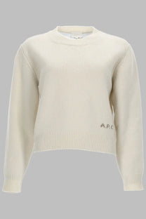 Cream-colored ribbed knit sweater by A.P.C. featuring a subtle logo and soft maglia anna con white material