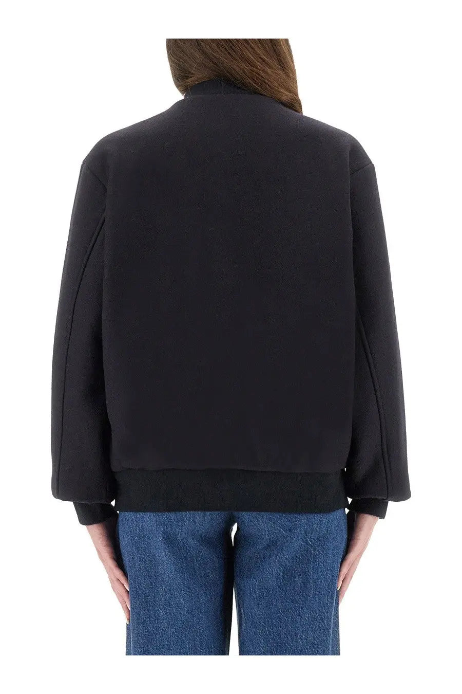 A.P.C women’s Micky jacket blue with sleek minimalist design black bomber style and ribbed cuffs front view