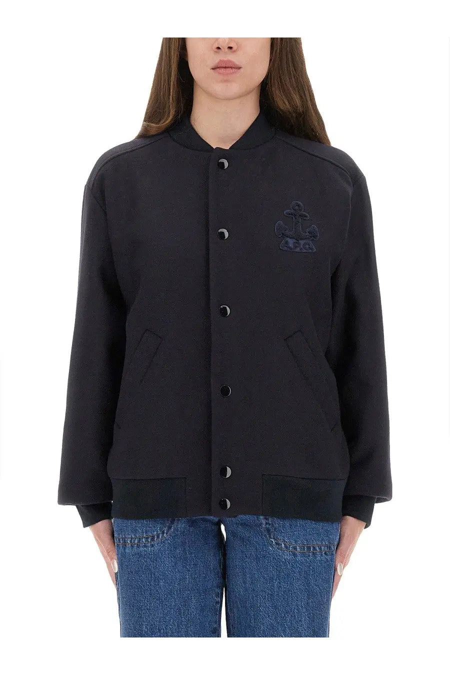 A.p.c womens micky jacket blue black bomber jacket with subtle anchor embroidery on left chest
