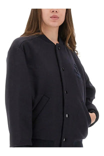 A.P.C women’s Micky varsity jacket black with navy blue embroidered logo on left chest in cotton blend material