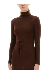 A.P.C women’s midi dress marianna brown ribbed knit fabric high turtleneck and self-tie belt at the waist